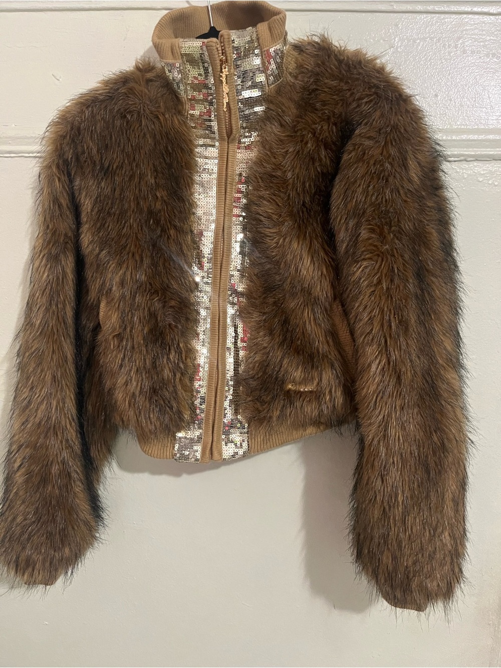 Vintage Apple Bottoms Faux Fur Cropped Jacket Sequin Y2K McBling Coat